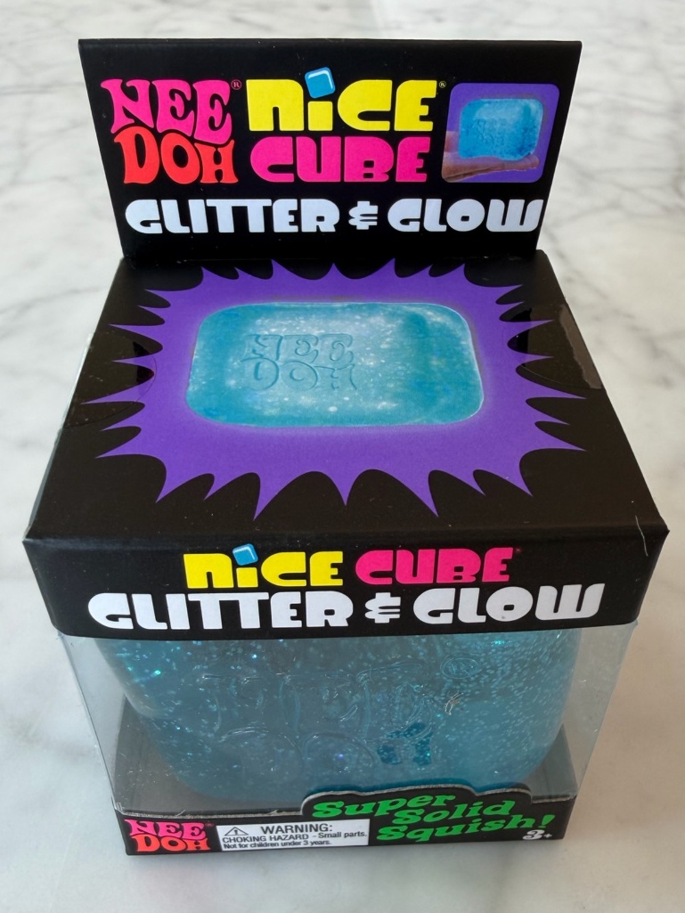 NWT Nee Doh Glitter & Glow Nice Cube - Blue Sparkle Super Solid Squish